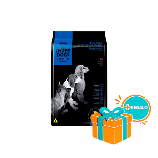 THREE DOGS Super Premium Perro Cachorros Med/Gra 3kg+ regalo