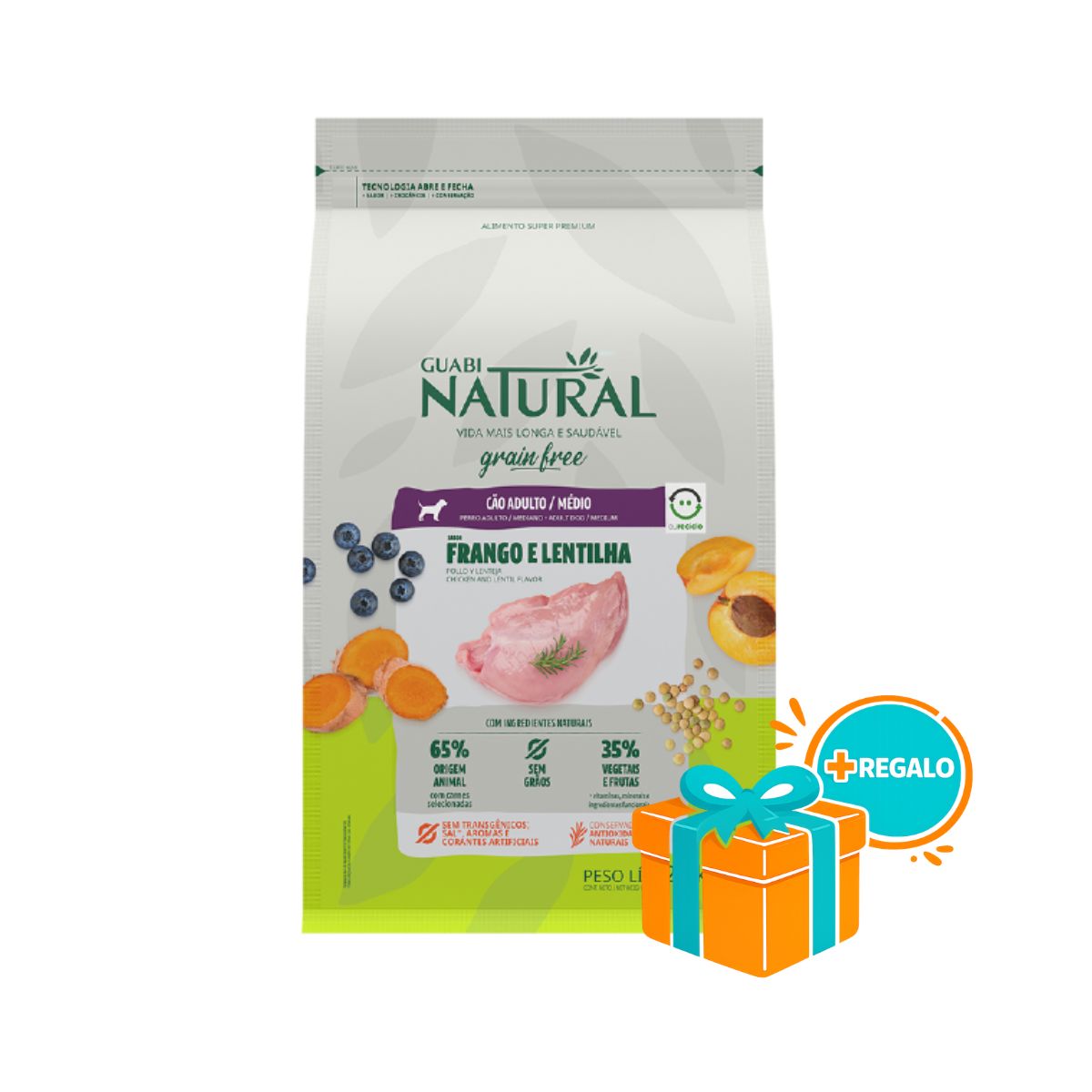 Guabi Natural Grain Free Perro Adulto Raza Mediana Pollo y Lenteja 12Kg con Regalo